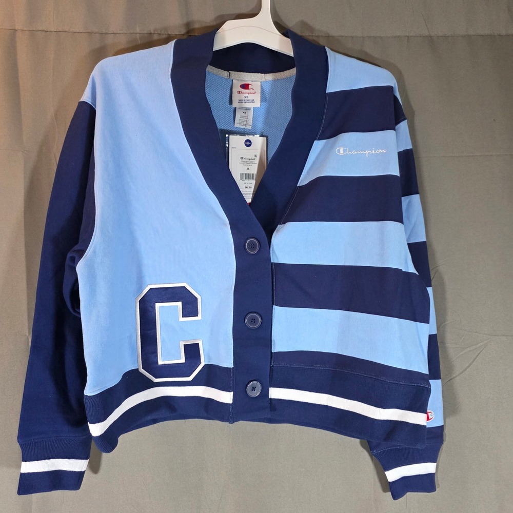 Champion Collegiate Striped Cardigan Placid Blue Varsity Sweater XS